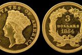золотые трёхдолларовые монеты времён Золотой лихорадки с изображением Свободы в образе индианки
